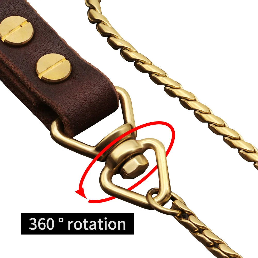 2IN1 Dog Chain Collar Leash 304 Stainless Steel Dog Metal Collar Choke Silver Gold Pet Lead Rope With Leather Handle For Show