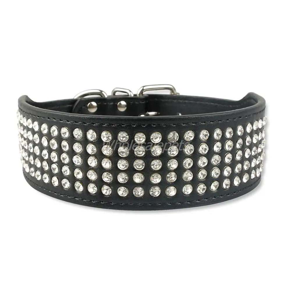 Rhinestone Leather Dog Collars Bling Diamante Crystal Studded Dogs Pet Collars 2inch Wide for Medium & Large Dogs Pitbull Boxer