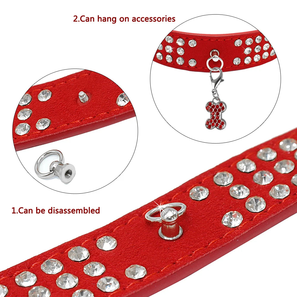 Rhinestone Dog Collar 3 Rows Suede Leather Diamante Cat Puppy Collars 5 Colors For Small Medium Dogs Chihuahua Yorkshire