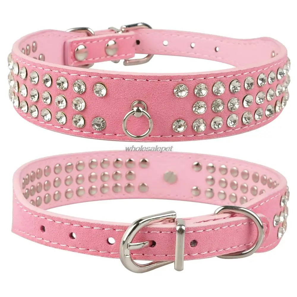Rhinestone Dog Collar 3 Rows Suede Leather Diamante Cat Puppy Collars 5 Colors For Small Medium Dogs Chihuahua Yorkshire