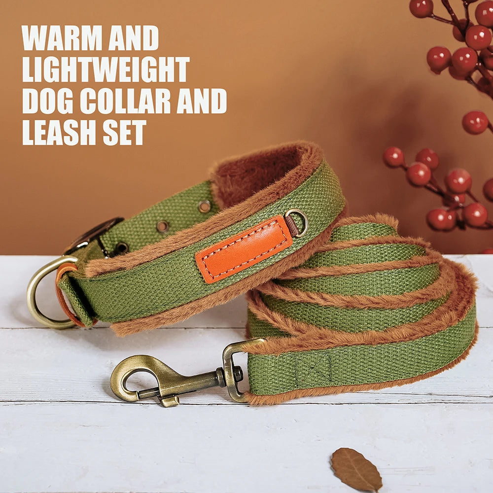 Nylon Dog Collar Leash Set Warm Plush Dog Collars Lead Adjustable Pet Necklace With Rope Winter Collars for Small Large Dogs Pug