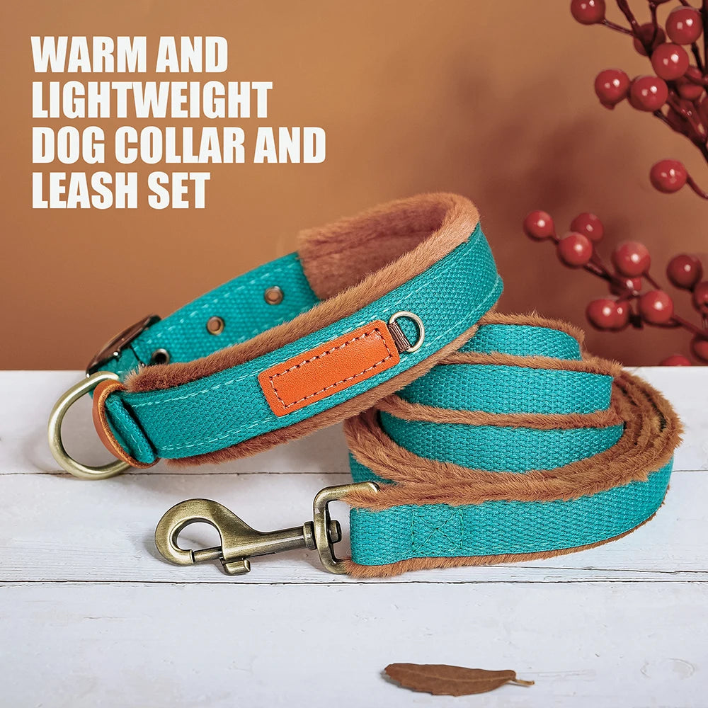 Nylon Dog Collar Leash Set Warm Plush Dog Collars Lead Adjustable Pet Necklace With Rope Winter Collars for Small Large Dogs Pug