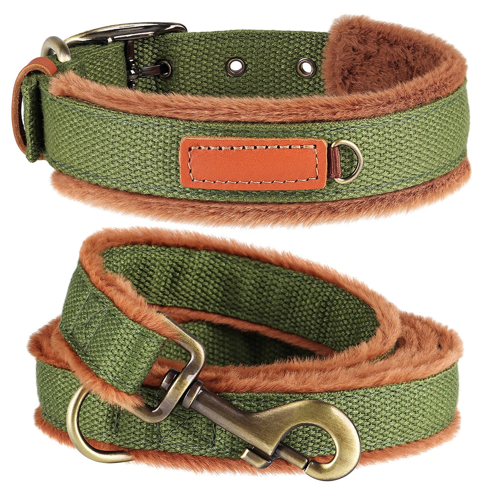 Nylon Dog Collar Leash Set Warm Plush Dog Collars Lead Adjustable Pet Necklace With Rope Winter Collars for Small Large Dogs Pug