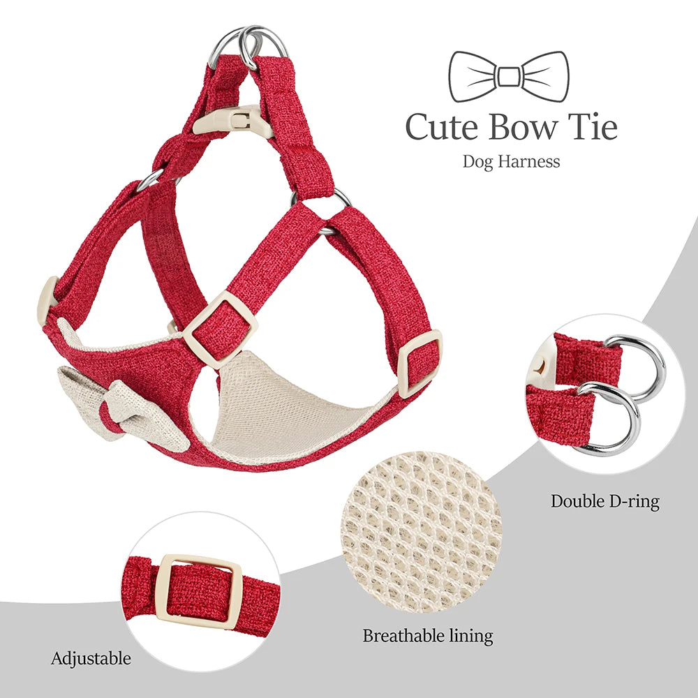 Nylon Dog Collar Harness Leash Cute Bowtie Puppy Dogs Harnesses Adjustable Pet Collars Vest With Lead for Small Medium Dogs Pug