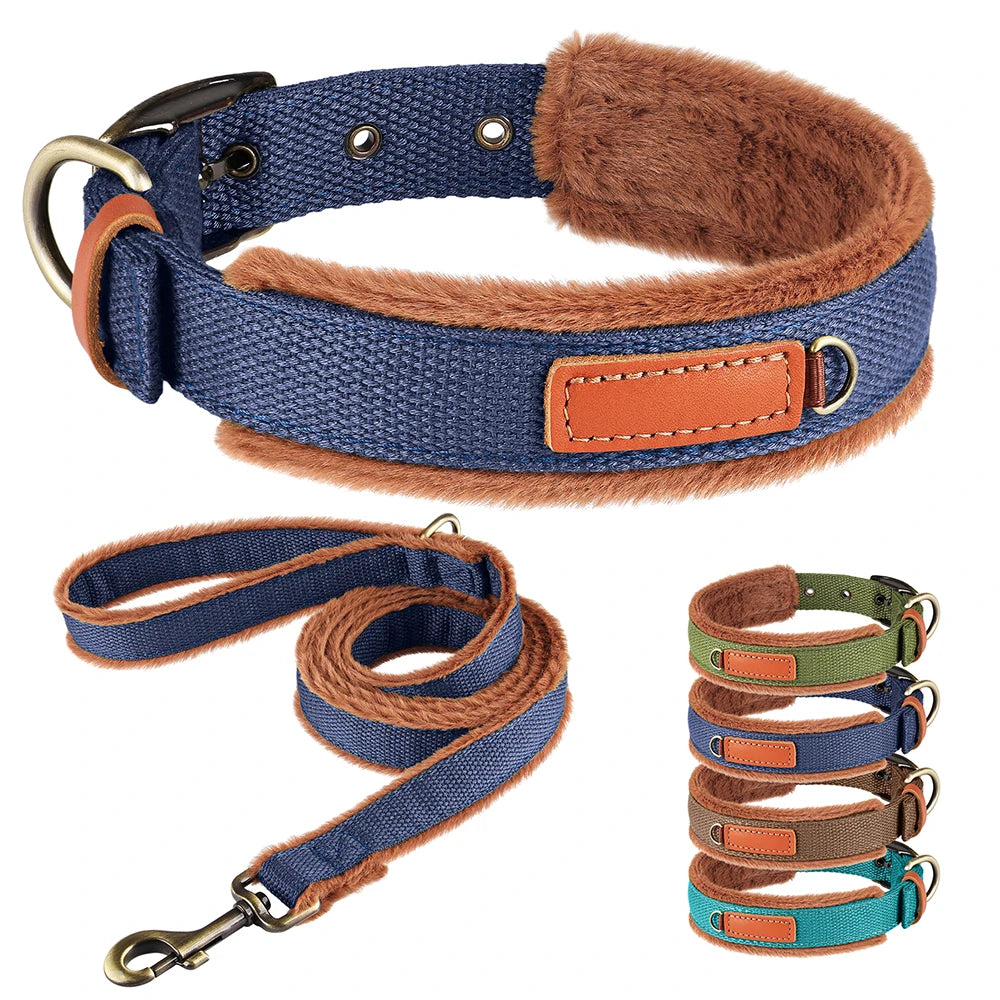 Nylon Dog Collar Leash Set Warm Plush Dog Collars Lead Adjustable Pet Necklace With Rope Winter Collars for Small Large Dogs Pug