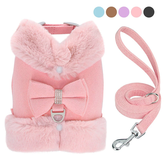 Warm Fur Puppy Dog Harness Leash Cute Bowknot Dogs Cat Harnesses Padded Pet Vest With Matching Lead Rope For Dogs Cats Winter
