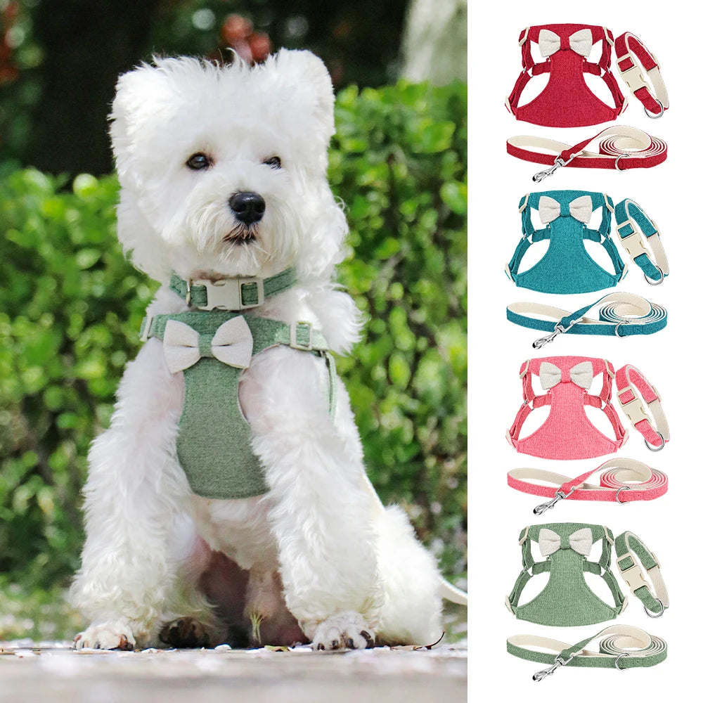 Nylon Dog Collar Harness Leash Cute Bowtie Puppy Dogs Harnesses Adjustable Pet Collars Vest With Lead for Small Medium Dogs Pug