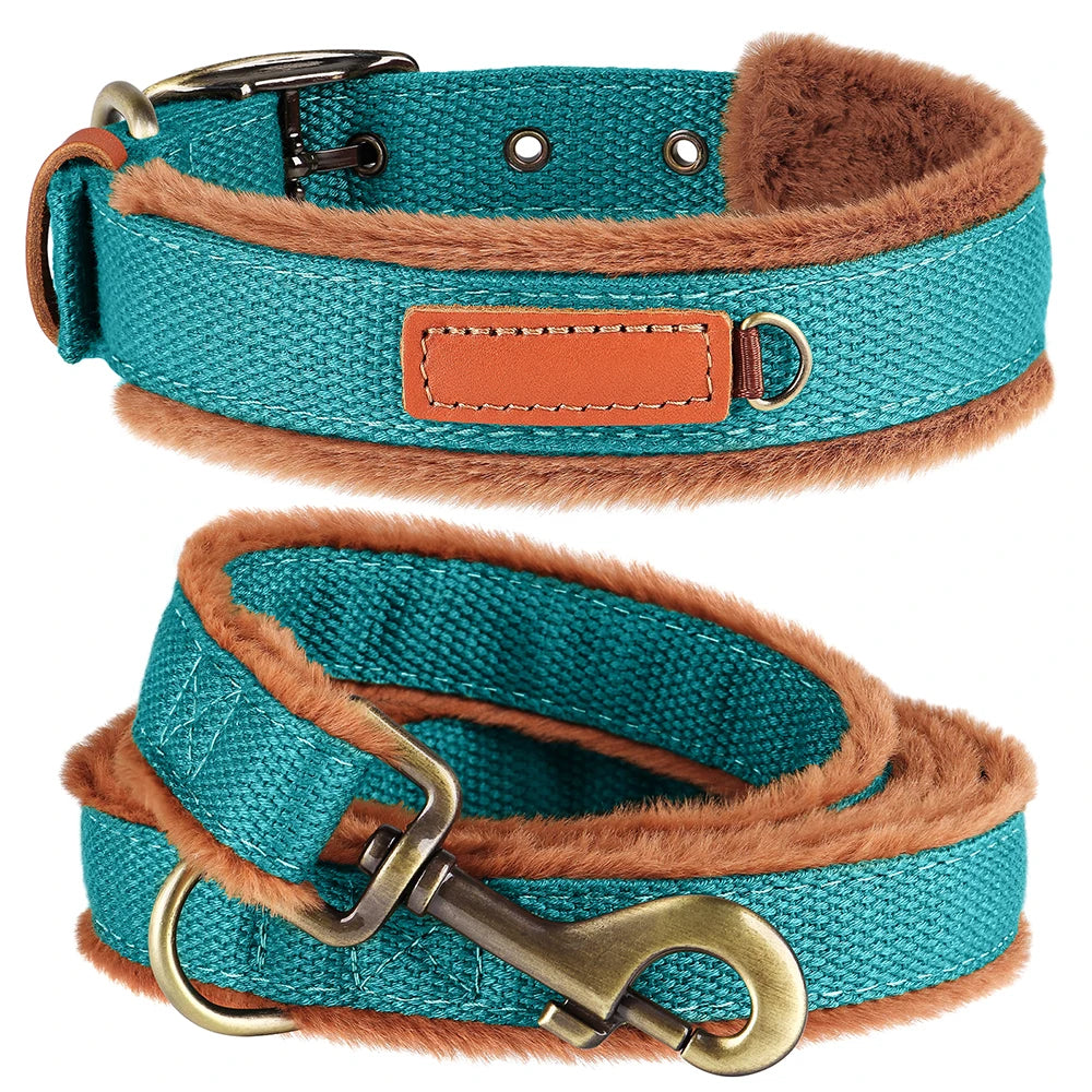 Nylon Dog Collar Leash Set Warm Plush Dog Collars Lead Adjustable Pet Necklace With Rope Winter Collars for Small Large Dogs Pug