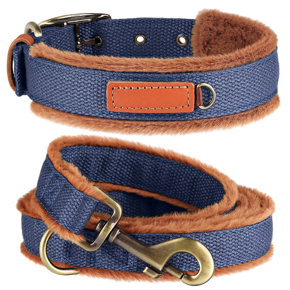 Nylon Dog Collar Leash Set Warm Plush Dog Collars Lead Adjustable Pet Necklace With Rope Winter Collars for Small Large Dogs Pug